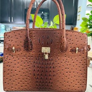 Luxury Brown Faux Ostrich Leather Satchel